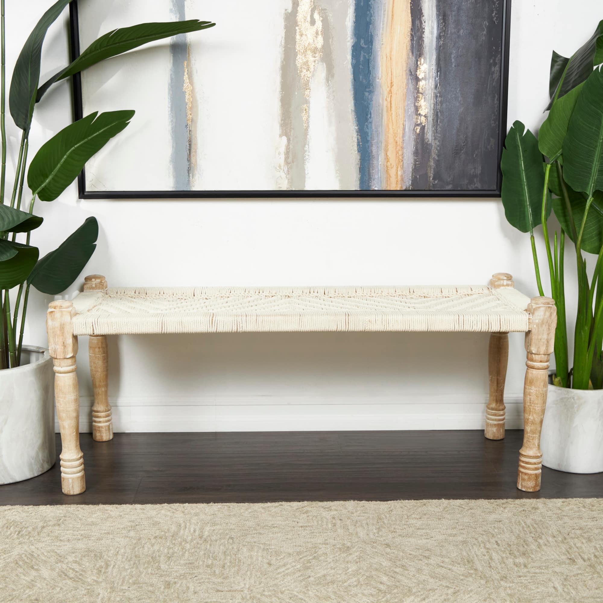 Beige Cotton Handmade Woven Chevron Bench with Mango Wood Legs